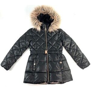 Michael Kors Belted Faux Fur Trim Puffer Jacket Coat Black Big Girls Sz 14